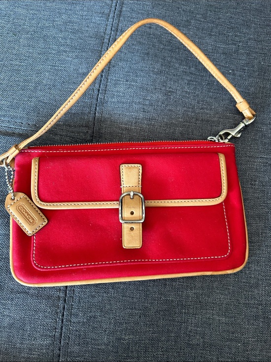 Coach Handbags - Coach Red Canvas Wristlet with Tan Leather Trim and Buckle